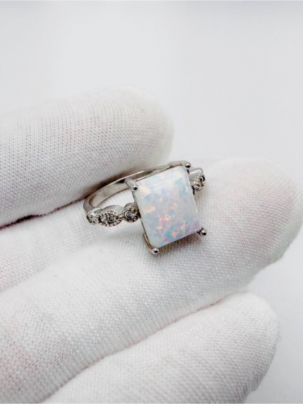 .925 Sterling Silver Emerald Cut Lab Created White Opal Ring